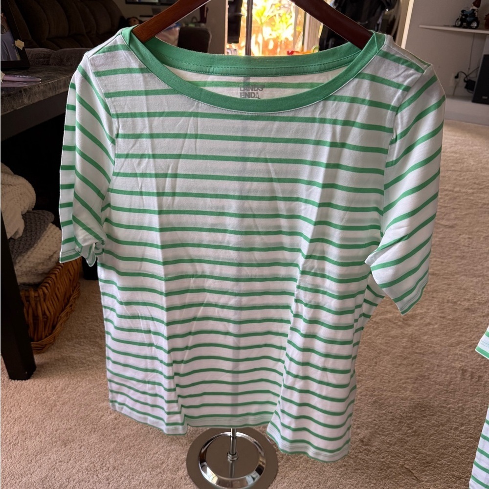 Lands' End Green and White Striped Short Sleeve Tee